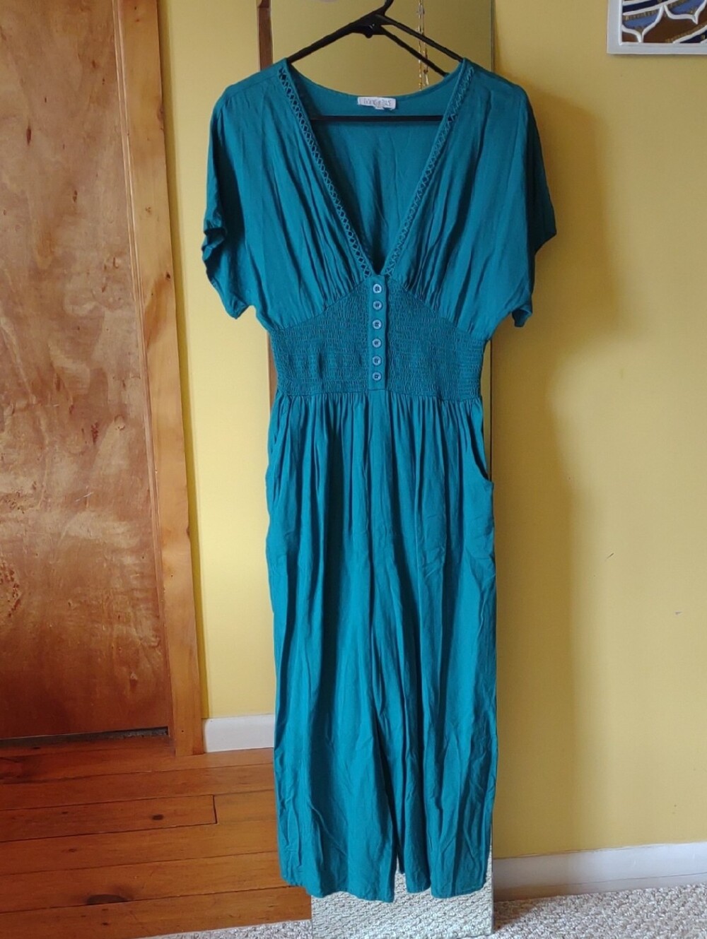 Patrons of Peace Teal V-Neck Jumpsuit Romper with Smocked Waist